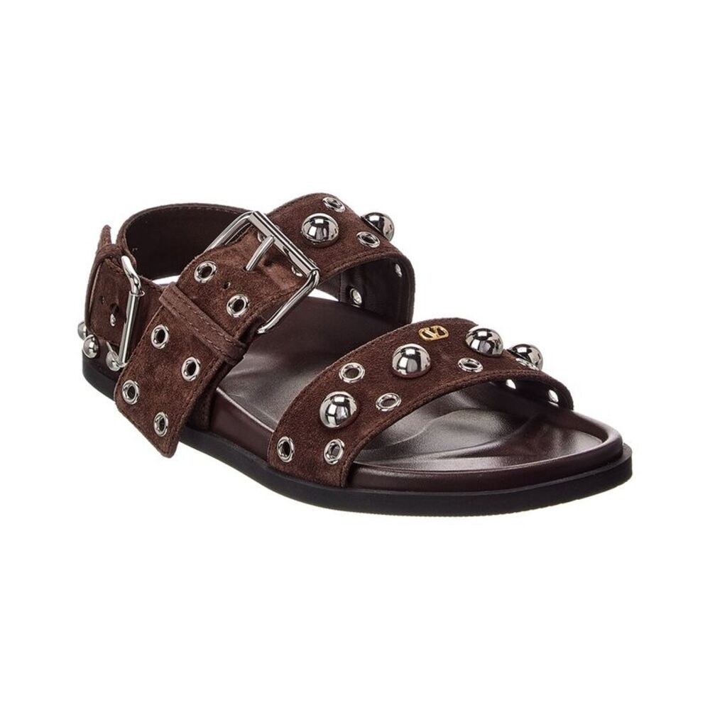 Valentino Logo Suede Sandal, Brown
